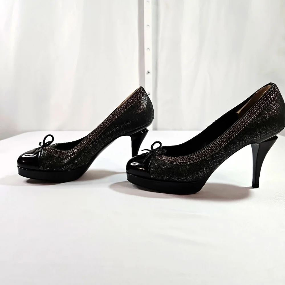 Chanel Black/Silver Suede & Black Patent Leather Platform Heels